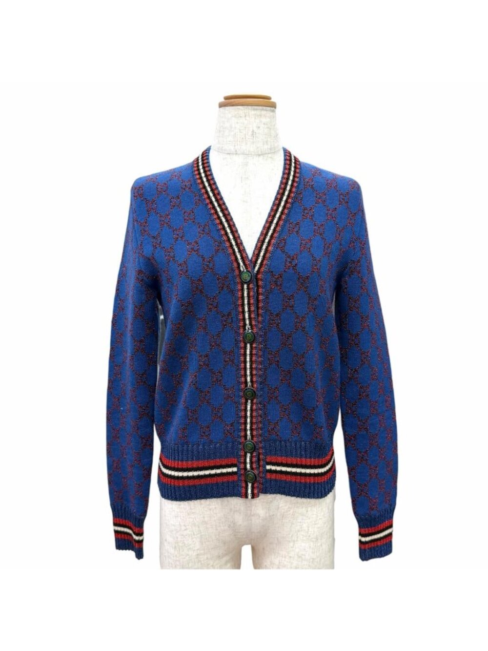Gucci Wool Silk Interlocking G Button GG Pattern Glitter V-neck Long Sleeve
